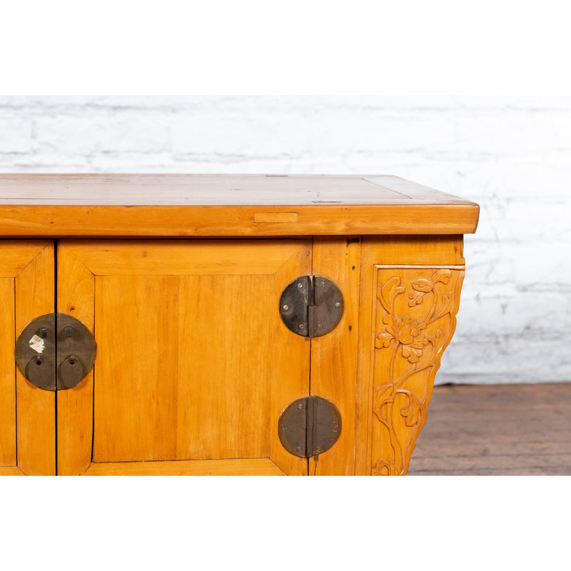 Chinese Antique Elm Wood Sideboard with Carved Spandrels and Bronze Hardware-YN3406-7. Asian & Chinese Furniture, Art, Antiques, Vintage Home Décor for sale at FEA Home