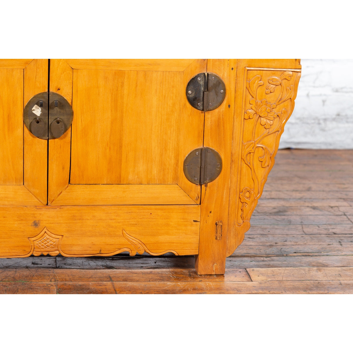 Chinese Antique Elm Wood Sideboard with Carved Spandrels and Bronze Hardware-9. Asian &amp; Chinese Furniture, Art, Antiques, Vintage Home Décor for sale at FEA Home