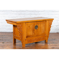 Chinese Early 20th Century Elm Sideboard with Carved Spandrels and Apron
