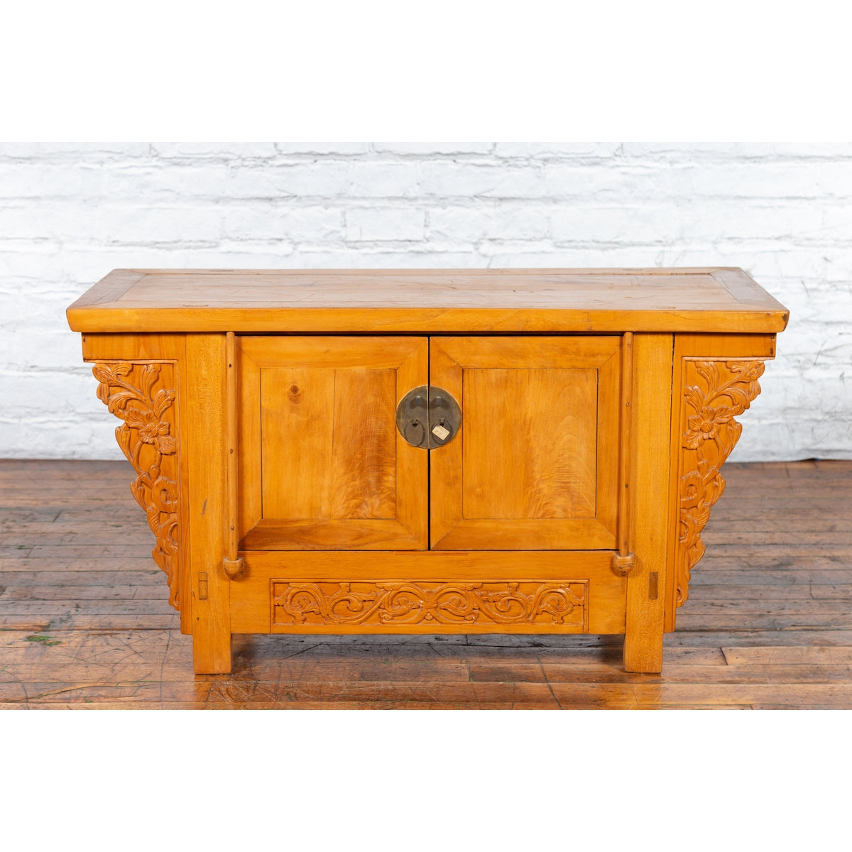 Chinese Early 20th Century Elm Sideboard with Carved Spandrels and Apron-2. Asian & Chinese Furniture, Art, Antiques, Vintage Home Décor for sale at FEA Home