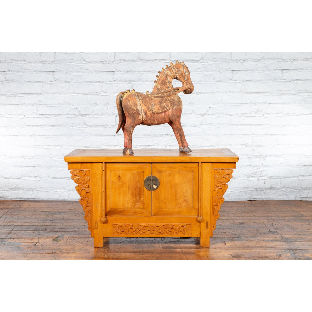 Chinese Early 20th Century Elm Sideboard with Carved Spandrels and Apron-4. Asian &amp; Chinese Furniture, Art, Antiques, Vintage Home Décor for sale at FEA Home