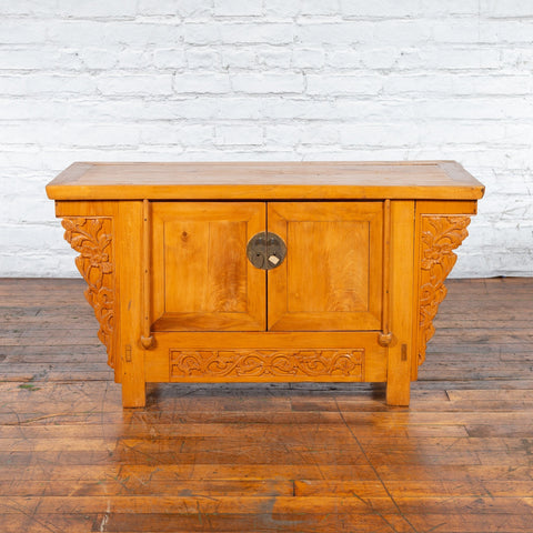Chinese Early 20th Century Elm Sideboard with Carved Spandrels and Apron - Antique Chinese and Vintage Asian Furniture for Sale at FEA Home