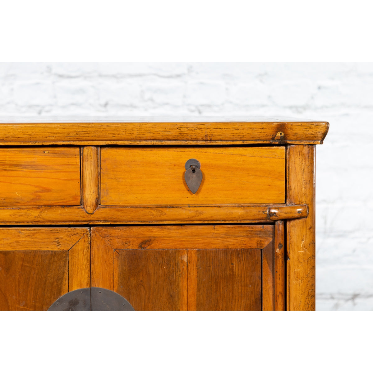 Chinese Early 20th Century Elmwood Side Chest with Bronze Medallion Hardware-4. Asian &amp; Chinese Furniture, Art, Antiques, Vintage Home Décor for sale at FEA Home