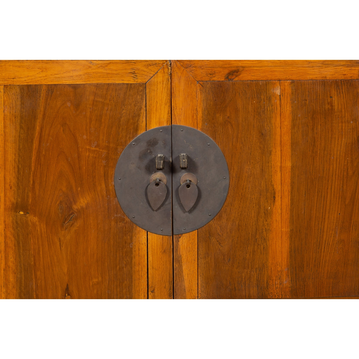 Chinese Early 20th Century Elmwood Side Chest with Bronze Medallion Hardware-8. Asian &amp; Chinese Furniture, Art, Antiques, Vintage Home Décor for sale at FEA Home