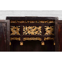 Antique Chinese Dark Brown Altar Shrine Cabinet with Inner Carved Gold Décor