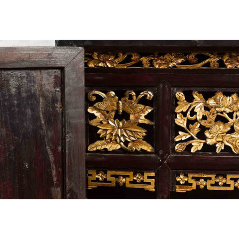 Antique Chinese Dark Brown Altar Shrine Cabinet with Inner Carved Gold Décor
