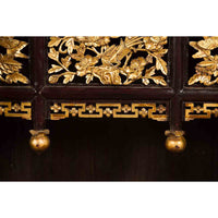 Antique Chinese Dark Brown Altar Shrine Cabinet with Inner Carved Gold Décor