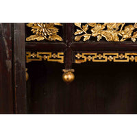 Antique Chinese Dark Brown Altar Shrine Cabinet with Inner Carved Gold Décor