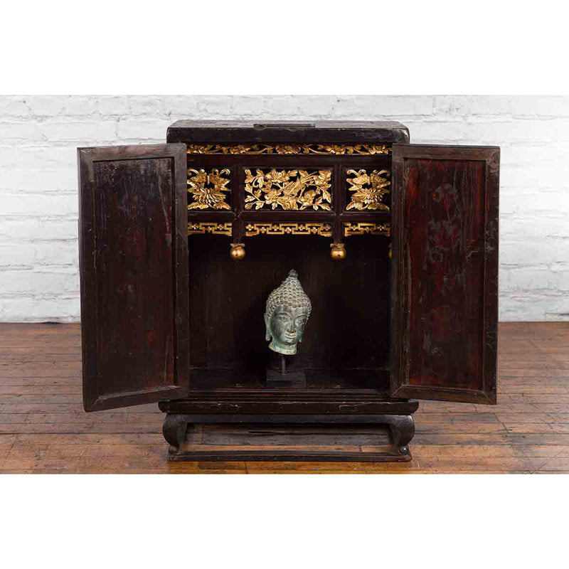 Antique Chinese Dark Brown Altar Shrine Cabinet with Inner Carved Gold Décor