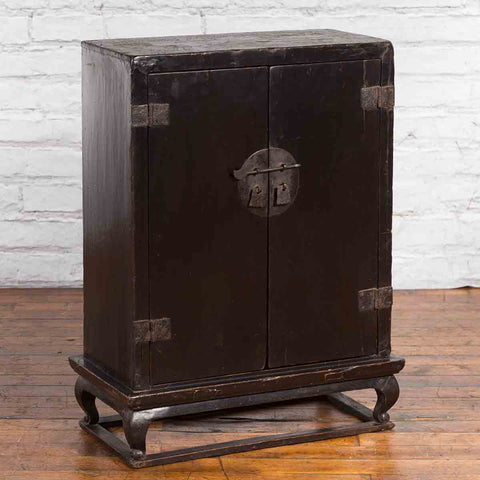 Antique Chinese Dark Brown Altar Shrine Cabinet with Inner Carved Gold Décor
