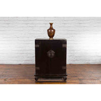 Antique Chinese Dark Brown Altar Shrine Cabinet with Inner Carved Gold Décor