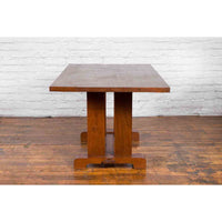 Antique Indonesian Teakwood Dining Table with Trestle Base and Brown Patina
