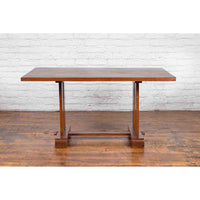 Antique Indonesian Teakwood Dining Table with Trestle Base and Brown Patina
