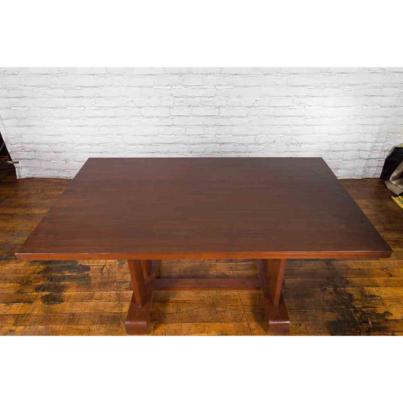 Antique Indonesian Teakwood Dining Table with Trestle Base and Brown Patina