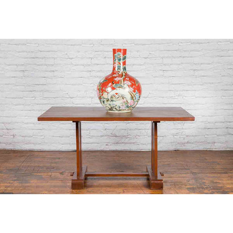 Antique Indonesian Teakwood Dining Table with Trestle Base and Brown Patina