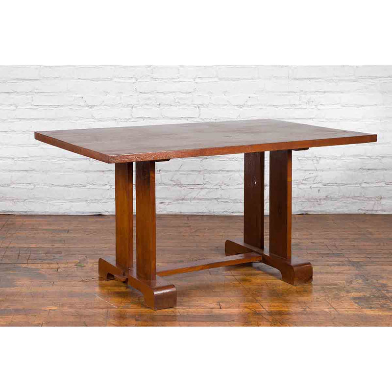Antique Indonesian Teakwood Dining Table with Trestle Base and Brown Patina