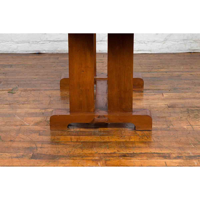 Antique Indonesian Teakwood Dining Table with Trestle Base and Brown Patina