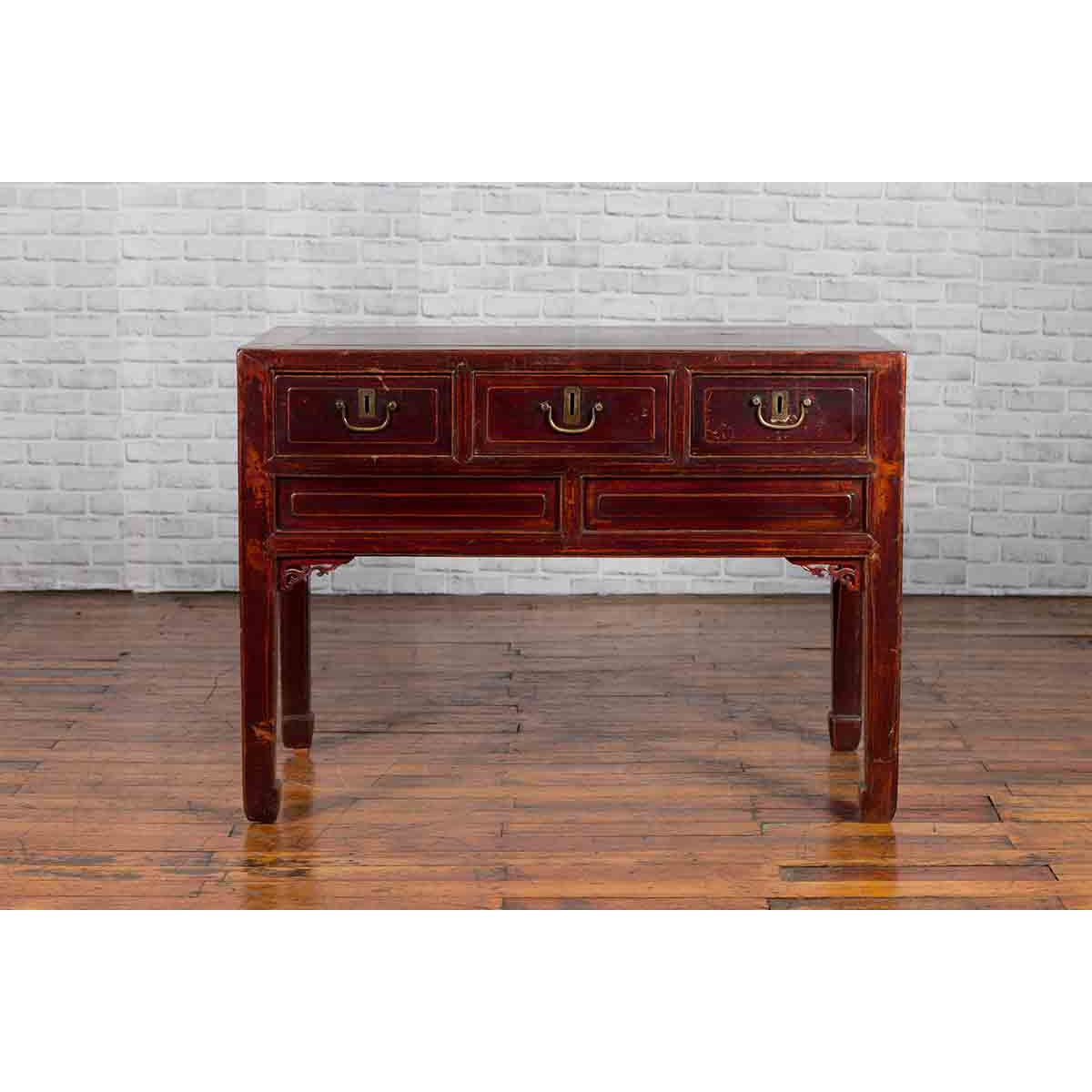 Chinese Antique Console Table with Drawers, Horse Hoof Legs and Dark Red Patina-3. Asian &amp; Chinese Furniture, Art, Antiques, Vintage Home Décor for sale at FEA Home