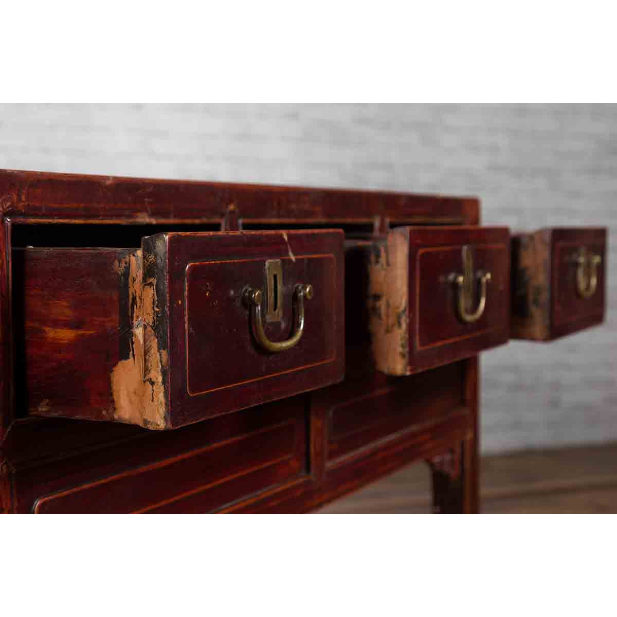 Chinese Antique Console Table with Drawers, Horse Hoof Legs and Dark Red Patina-12. Asian &amp; Chinese Furniture, Art, Antiques, Vintage Home Décor for sale at FEA Home