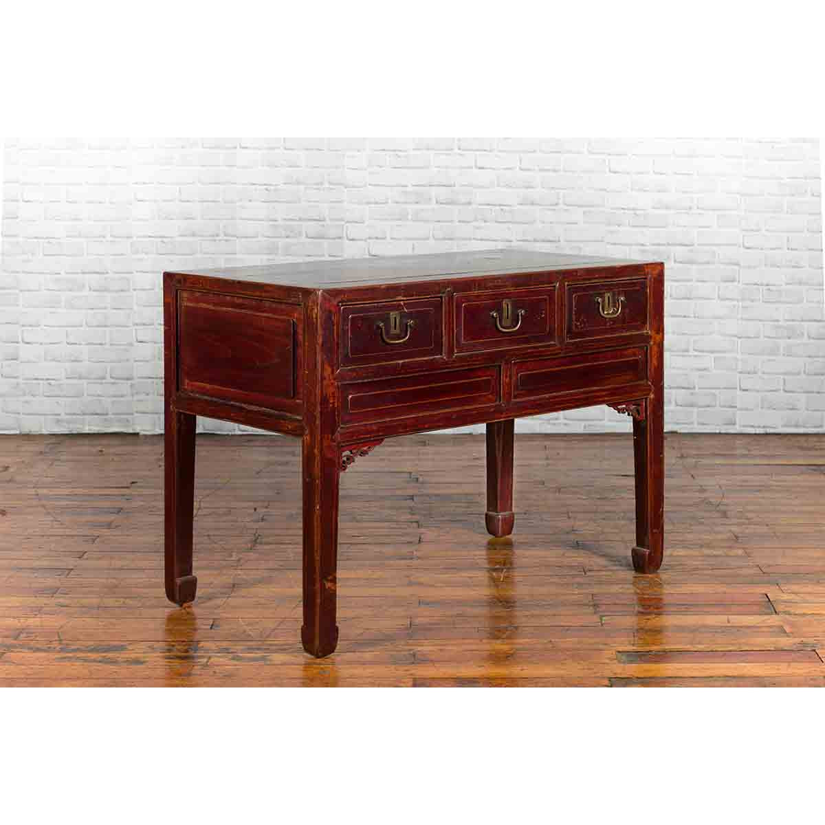 Chinese Antique Console Table with Drawers, Horse Hoof Legs and Dark Red Patina-13. Asian &amp; Chinese Furniture, Art, Antiques, Vintage Home Décor for sale at FEA Home
