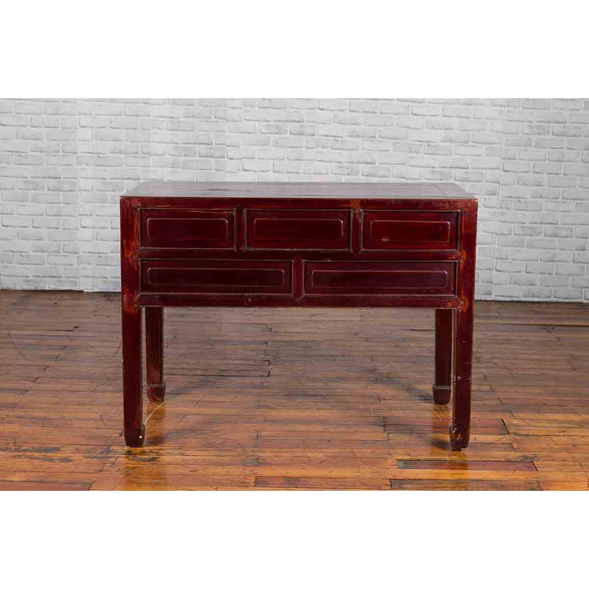 Chinese Antique Console Table with Drawers, Horse Hoof Legs and Dark Red Patina-16. Asian &amp; Chinese Furniture, Art, Antiques, Vintage Home Décor for sale at FEA Home