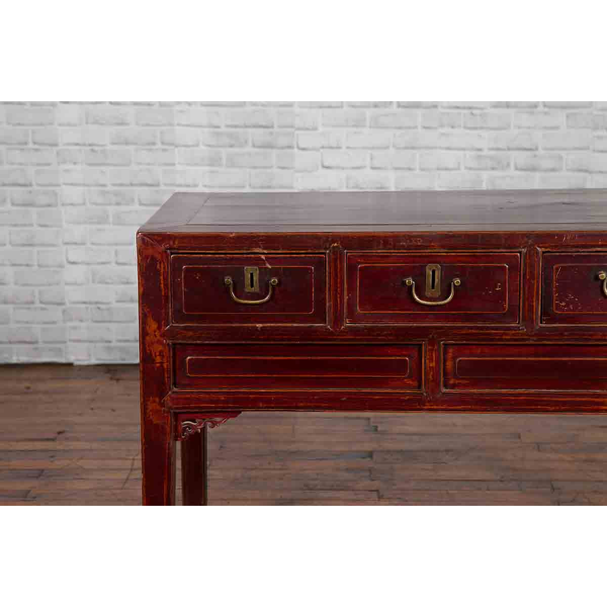 Chinese Antique Console Table with Drawers, Horse Hoof Legs and Dark Red Patina-5. Asian &amp; Chinese Furniture, Art, Antiques, Vintage Home Décor for sale at FEA Home