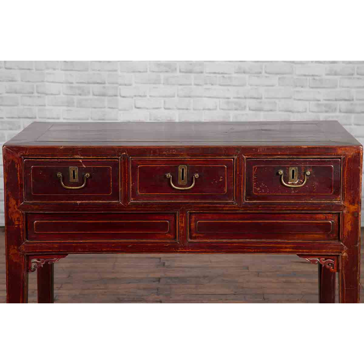 Chinese Antique Console Table with Drawers, Horse Hoof Legs and Dark Red Patina-6. Asian &amp; Chinese Furniture, Art, Antiques, Vintage Home Décor for sale at FEA Home