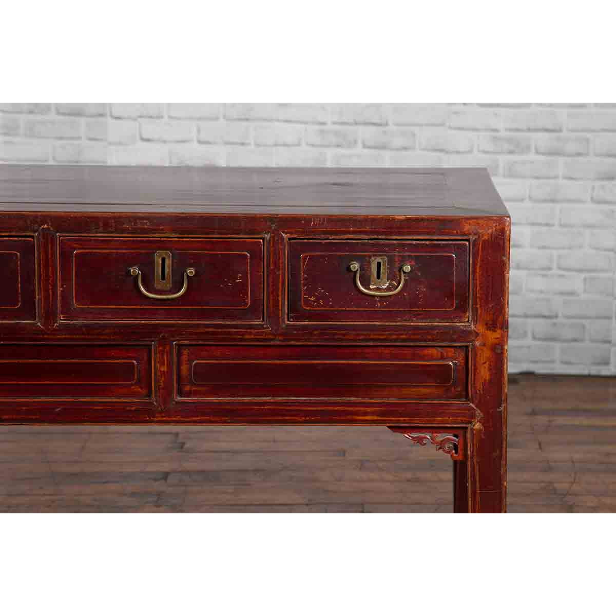 Chinese Antique Console Table with Drawers, Horse Hoof Legs and Dark Red Patina-7. Asian &amp; Chinese Furniture, Art, Antiques, Vintage Home Décor for sale at FEA Home