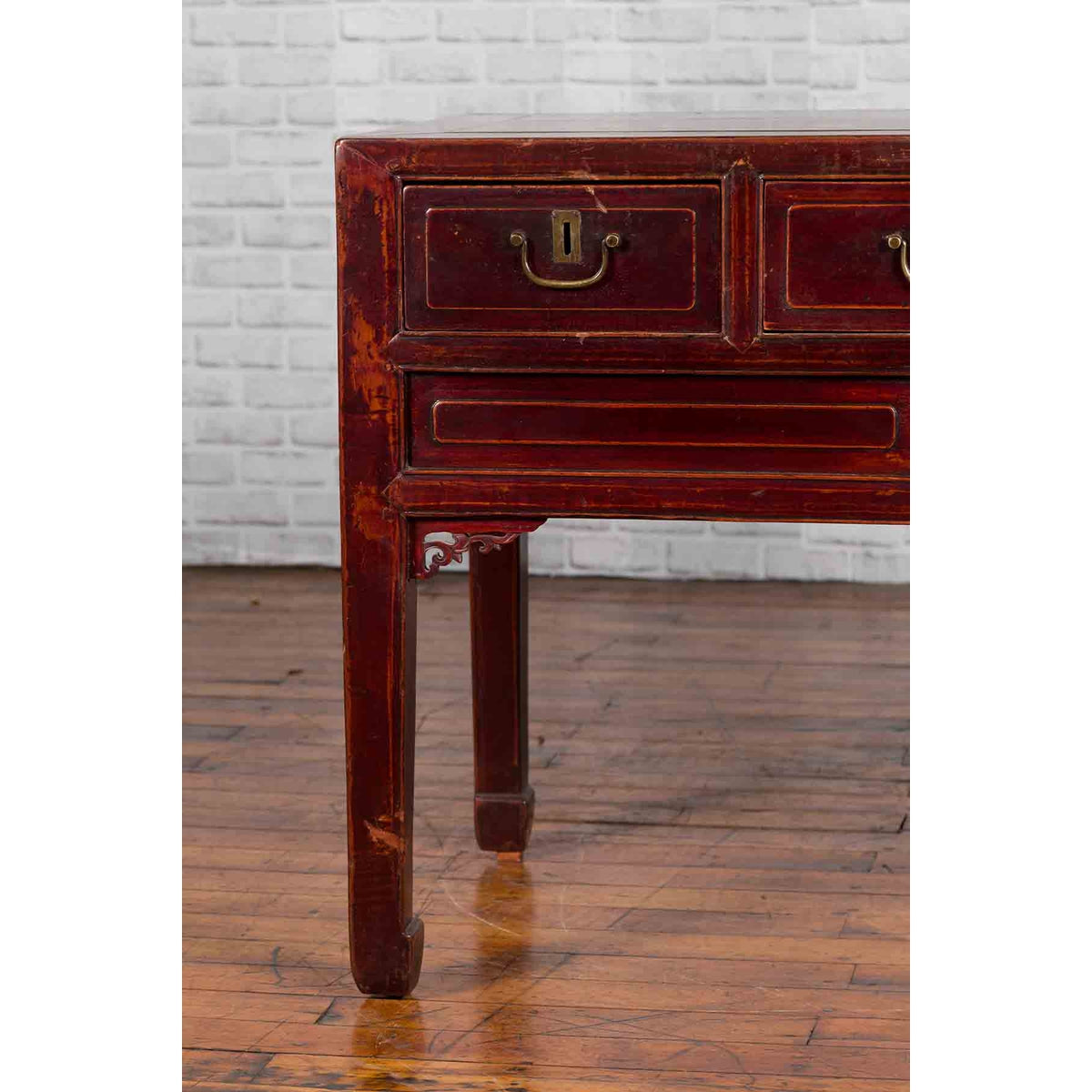 Chinese Antique Console Table with Drawers, Horse Hoof Legs and Dark Red Patina-8. Asian &amp; Chinese Furniture, Art, Antiques, Vintage Home Décor for sale at FEA Home