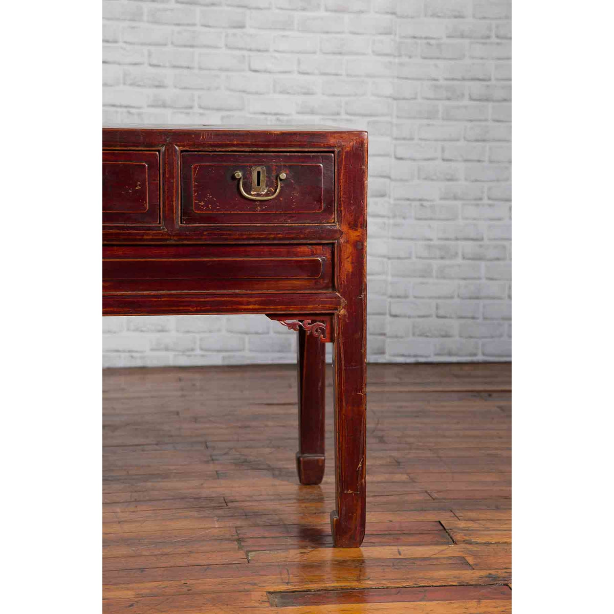 Chinese Antique Console Table with Drawers, Horse Hoof Legs and Dark Red Patina-9. Asian &amp; Chinese Furniture, Art, Antiques, Vintage Home Décor for sale at FEA Home