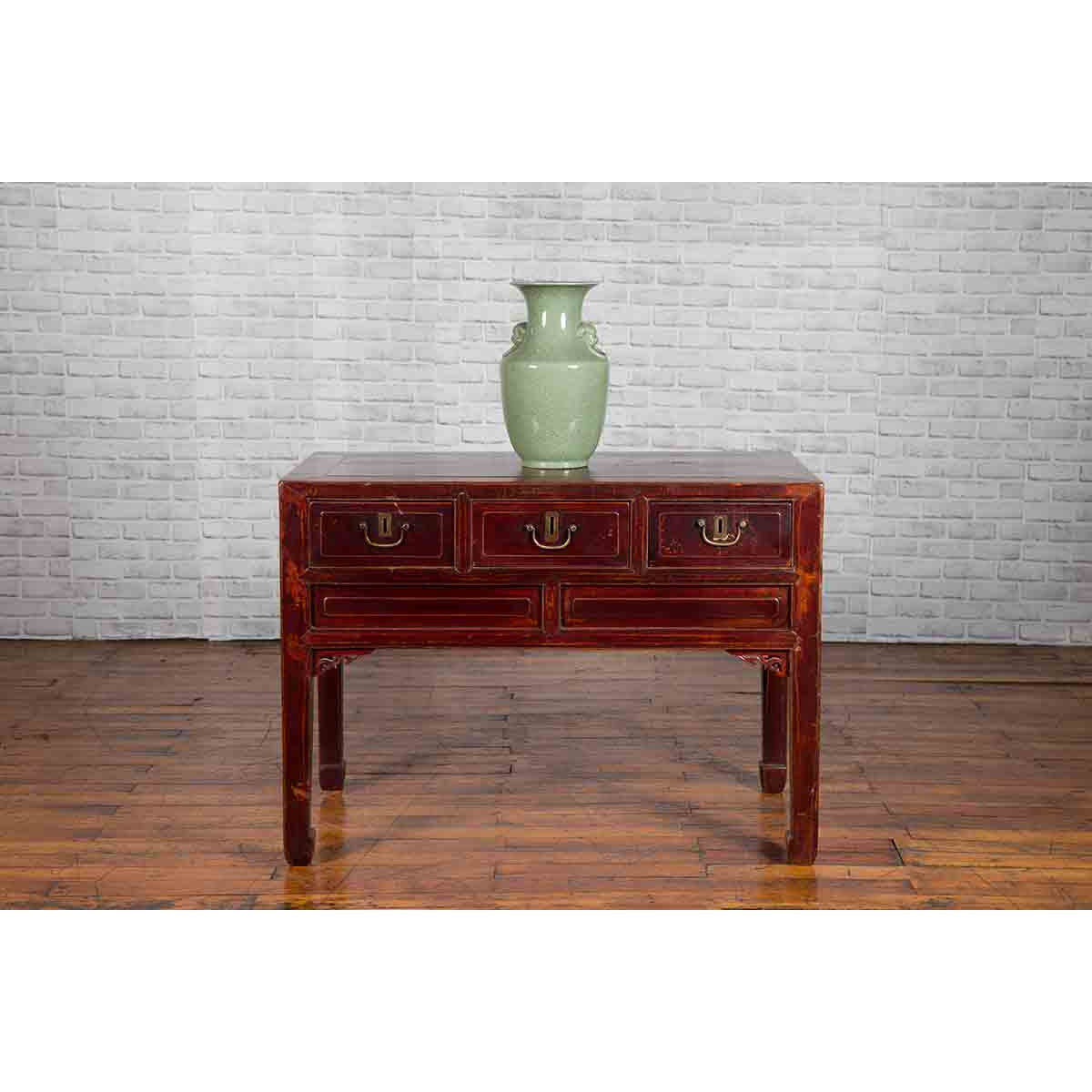 Chinese Antique Console Table with Drawers, Horse Hoof Legs and Dark Red Patina-4. Asian &amp; Chinese Furniture, Art, Antiques, Vintage Home Décor for sale at FEA Home