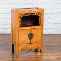 19th Century Chinese Qing Dynasty Small Cabinet with Carved Shelf and Apron