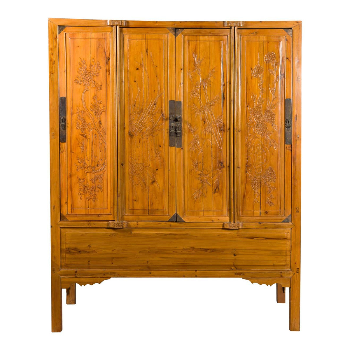 Chinese Qing Dynasty 19th Century Elmwood Armoire with Low-Relief Carved Foliage-1. Asian & Chinese Furniture, Art, Antiques, Vintage Home Décor for sale at FEA Home
