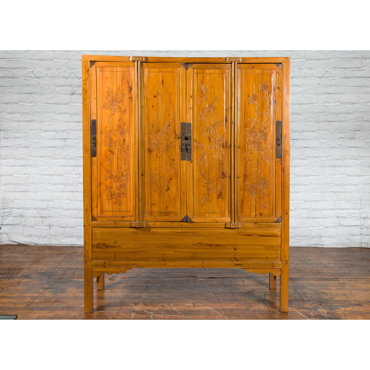 Chinese Qing Dynasty 19th Century Elmwood Armoire with Low-Relief Carved Foliage-2. Asian & Chinese Furniture, Art, Antiques, Vintage Home Décor for sale at FEA Home