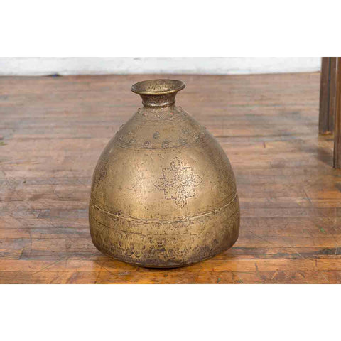 Indian 19th Century Large Brass Vase with Etched Floral Décor
