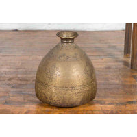 Indian 19th Century Large Brass Vase with Etched Floral Décor