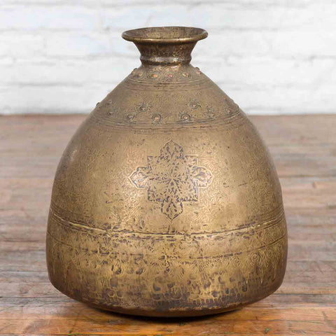 Indian 19th Century Large Brass Vase with Etched Décor
