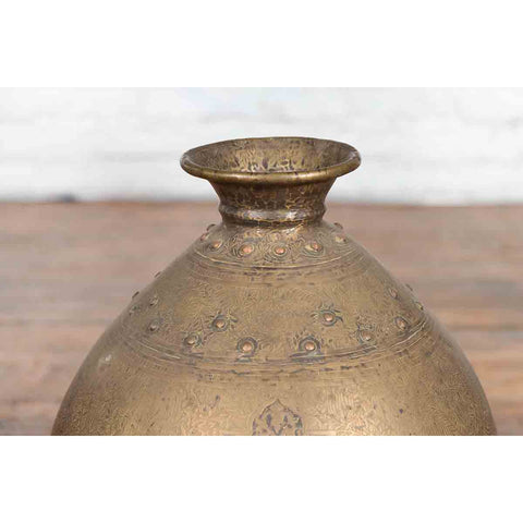 Indian 19th Century Large Brass Vase with Etched Décor