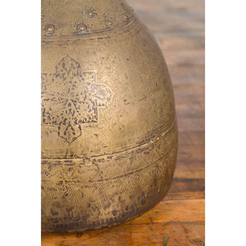Indian 19th Century Large Brass Vase with Etched Floral Décor