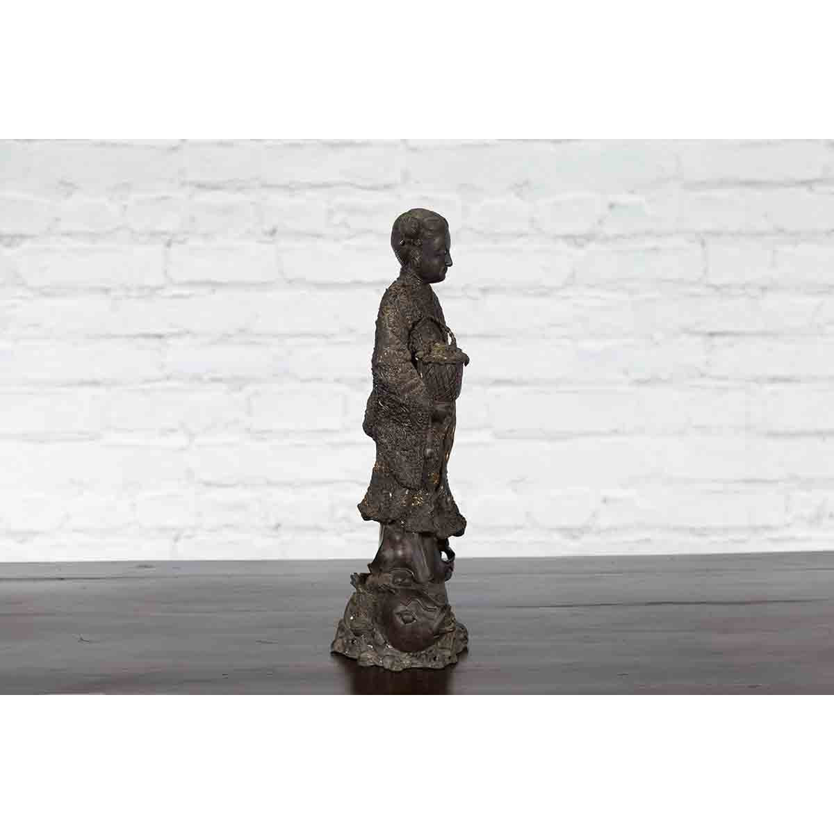 Lost Wax Cast Bronze Statue of a Young Japanese Maiden Standing on a Fish Base-9. Asian &amp; Chinese Furniture, Art, Antiques, Vintage Home Décor for sale at FEA Home