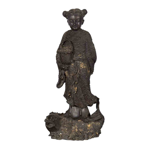 Lost Wax Cast Bronze Statue of a Young Japanese Maiden Standing on a Fish Base- Asian Antiques, Vintage Home Decor & Chinese Furniture - FEA Home
