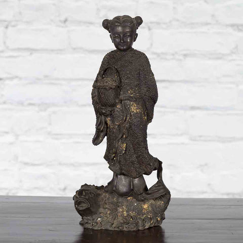 Lost Wax Cast Bronze Statue of a Young Japanese Maiden Standing on a Fish Base