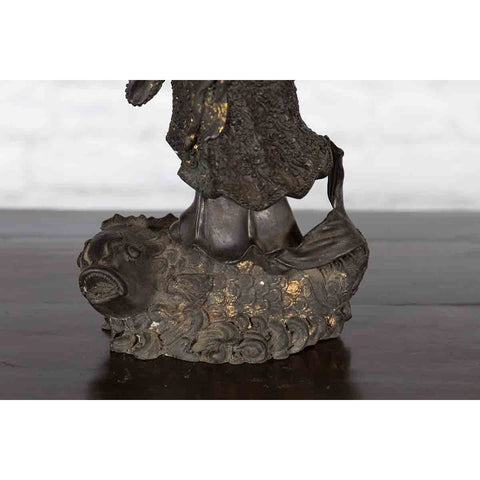 Lost Wax Cast Bronze Statue of a Young Japanese Maiden Standing on a Fish Base