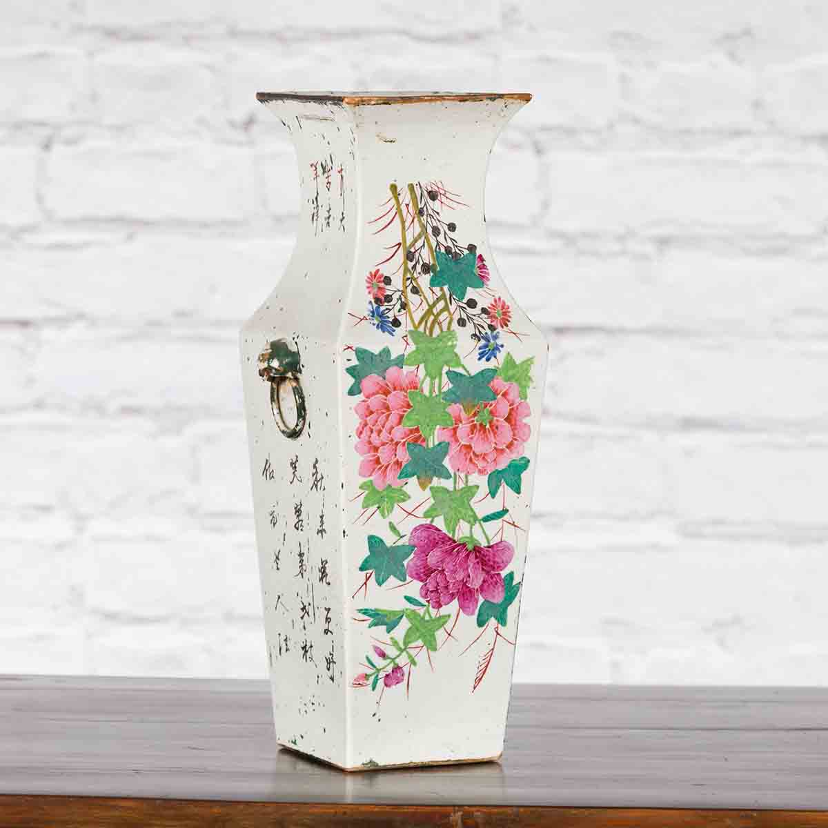 Chinese Qing 19th Century Altar Vase with Hand-Painted Flowers and Calligraphy-2. Asian & Chinese Furniture, Art, Antiques, Vintage Home Décor for sale at FEA Home