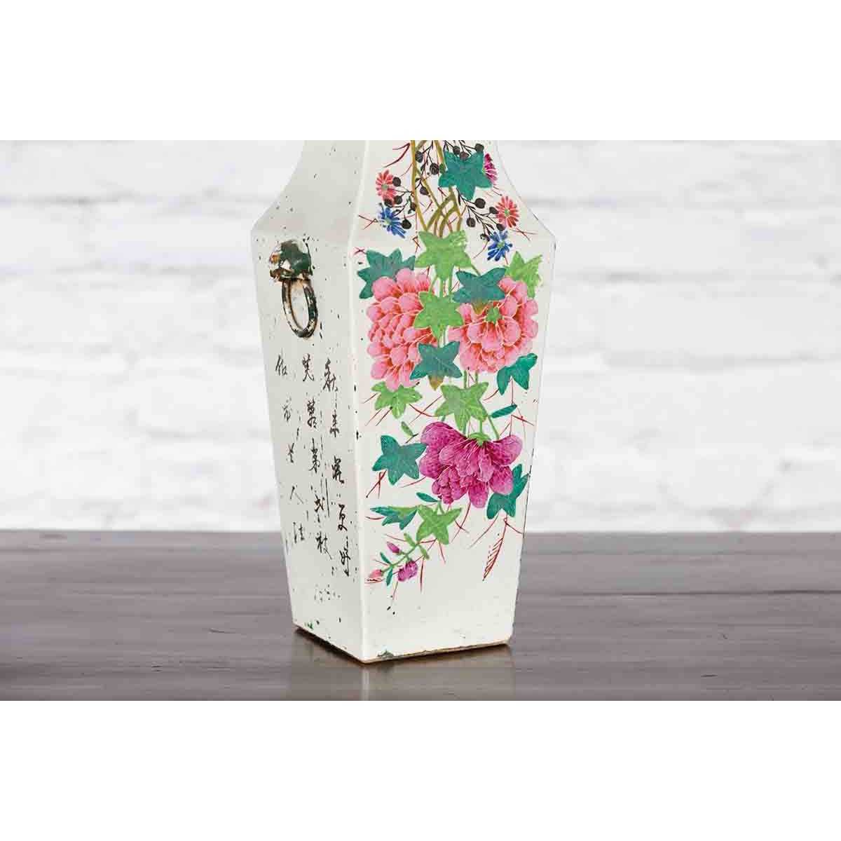 Chinese Qing 19th Century Altar Vase with Hand-Painted Flowers and Calligraphy-9. Asian &amp; Chinese Furniture, Art, Antiques, Vintage Home Décor for sale at FEA Home