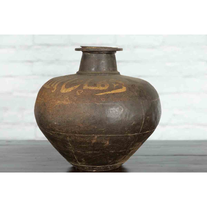 Rustic Indian Vintage Vase with Tapering Lines and Gilded Calligraphy-YN3525-7. Asian & Chinese Furniture, Art, Antiques, Vintage Home Décor for sale at FEA Home