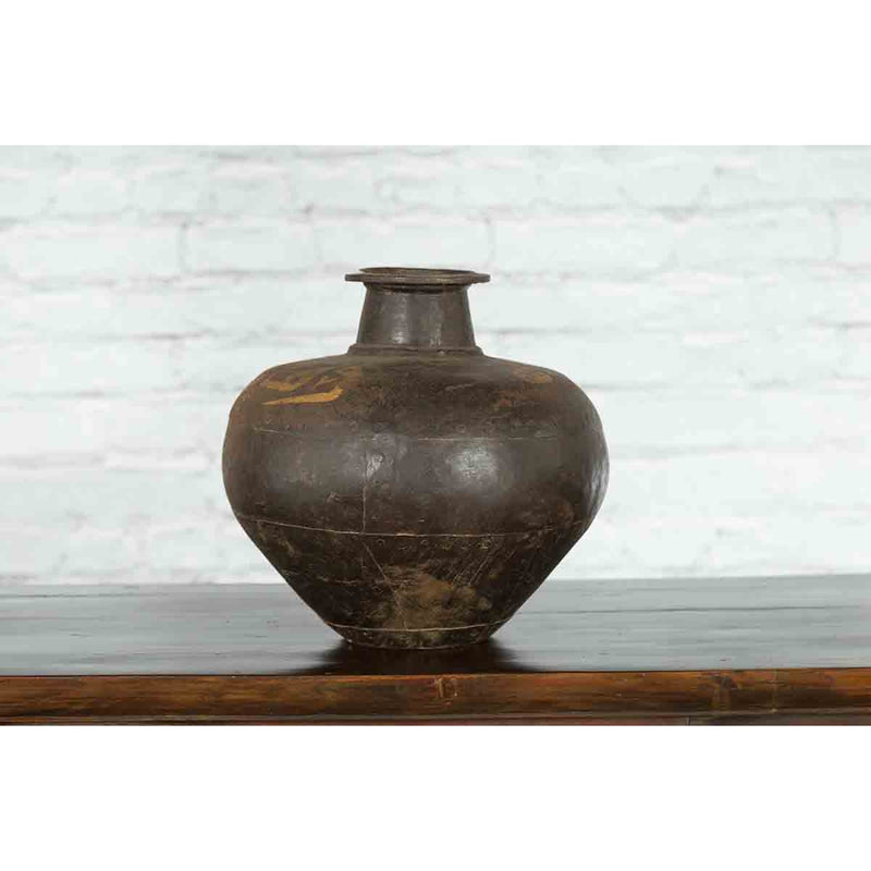 Rustic Indian Vintage Vase with Tapering Lines and Gilded Calligraphy-YN3525-9. Asian & Chinese Furniture, Art, Antiques, Vintage Home Décor for sale at FEA Home