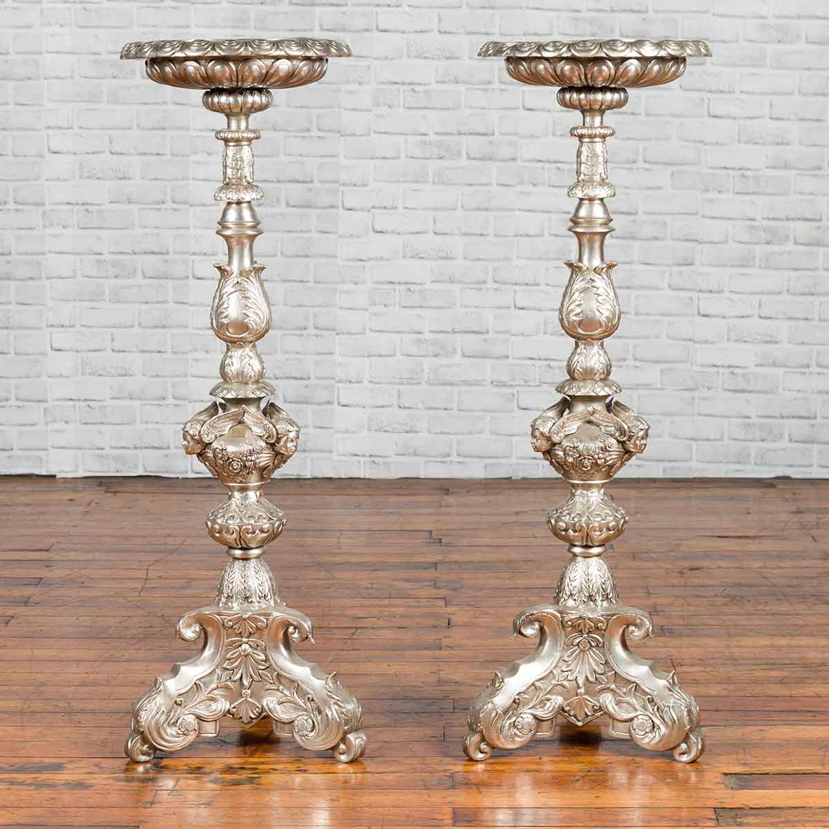 Contemporary Baroque Style Silver Plated Bronze Candlestick with Cherub Figures-2. Asian & Chinese Furniture, Art, Antiques, Vintage Home Décor for sale at FEA Home
