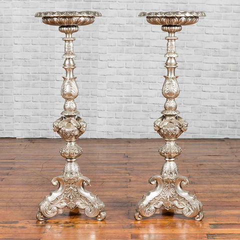 Contemporary Baroque Style Silver Plated Bronze Candlestick with Cherub Figures-YN3576-2. Asian & Chinese Furniture, Art, Antiques, Vintage Home Décor for sale at FEA Home