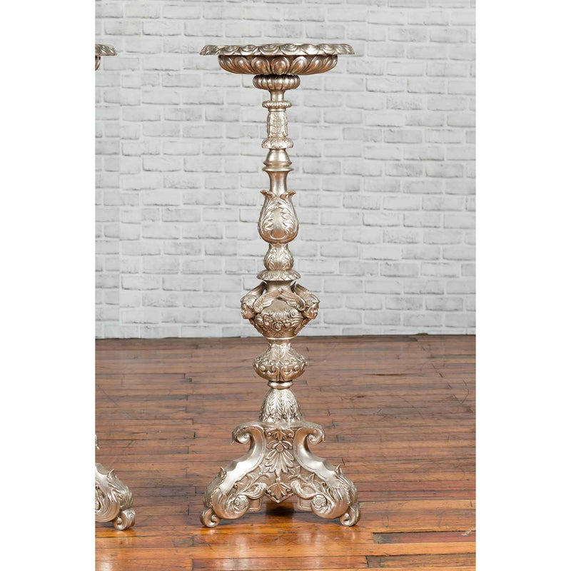 Contemporary Baroque Style Silver Plated Bronze Candlestick with Cherub Figures-YN3576-5. Asian & Chinese Furniture, Art, Antiques, Vintage Home Décor for sale at FEA Home